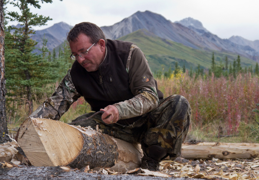 Peeling Spruce Logs